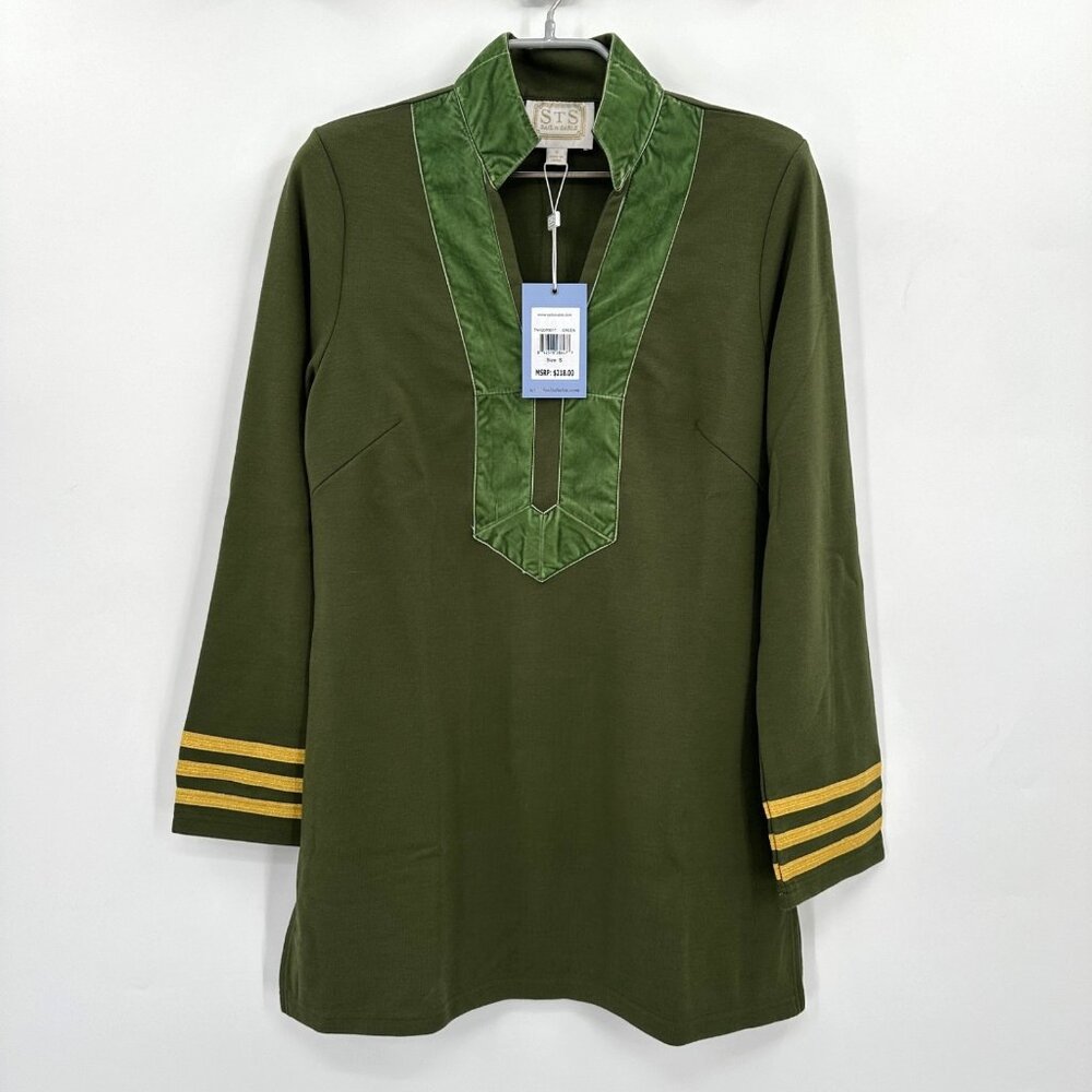 Sail to Sable Dark Green Velvet Trim Tunic Top sz S Small NWT Long Sleeve $218